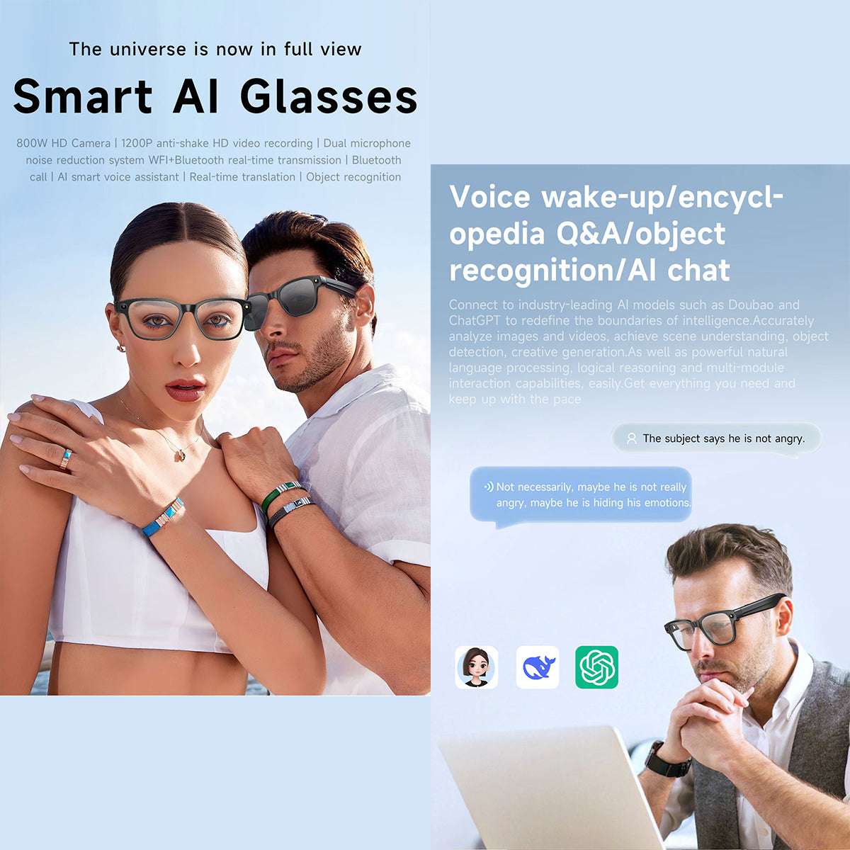 ETERNITY AI Smart Glasses with 1200P Camera – Bluetooth, WiFi, Translation, Dual Mic Noise Reduction & 270mAh Battery
