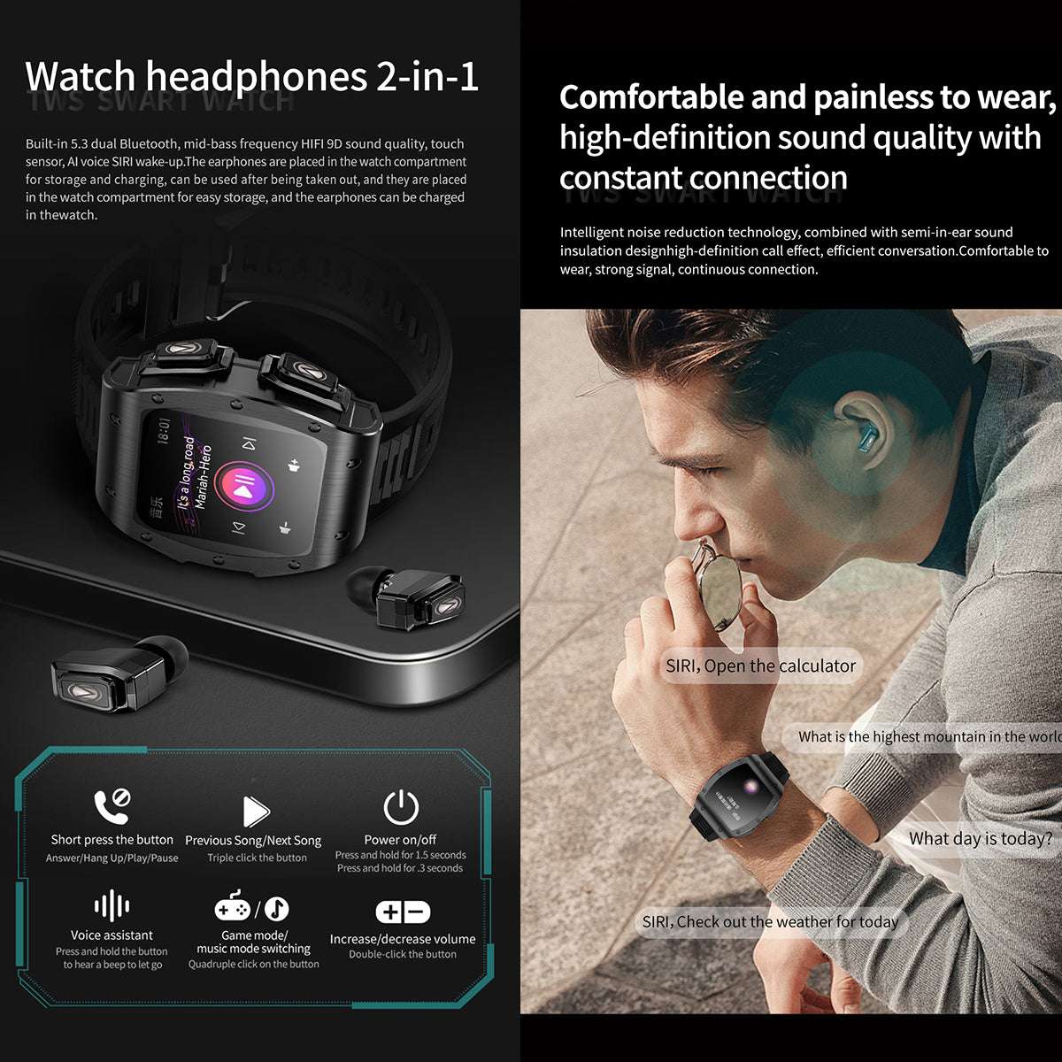 ETERNITY 2-in-1 TWS Earbuds Smart Watch – 1.91” Display, Blood Oxygen & IP67 Waterproof Sports Watch for Men