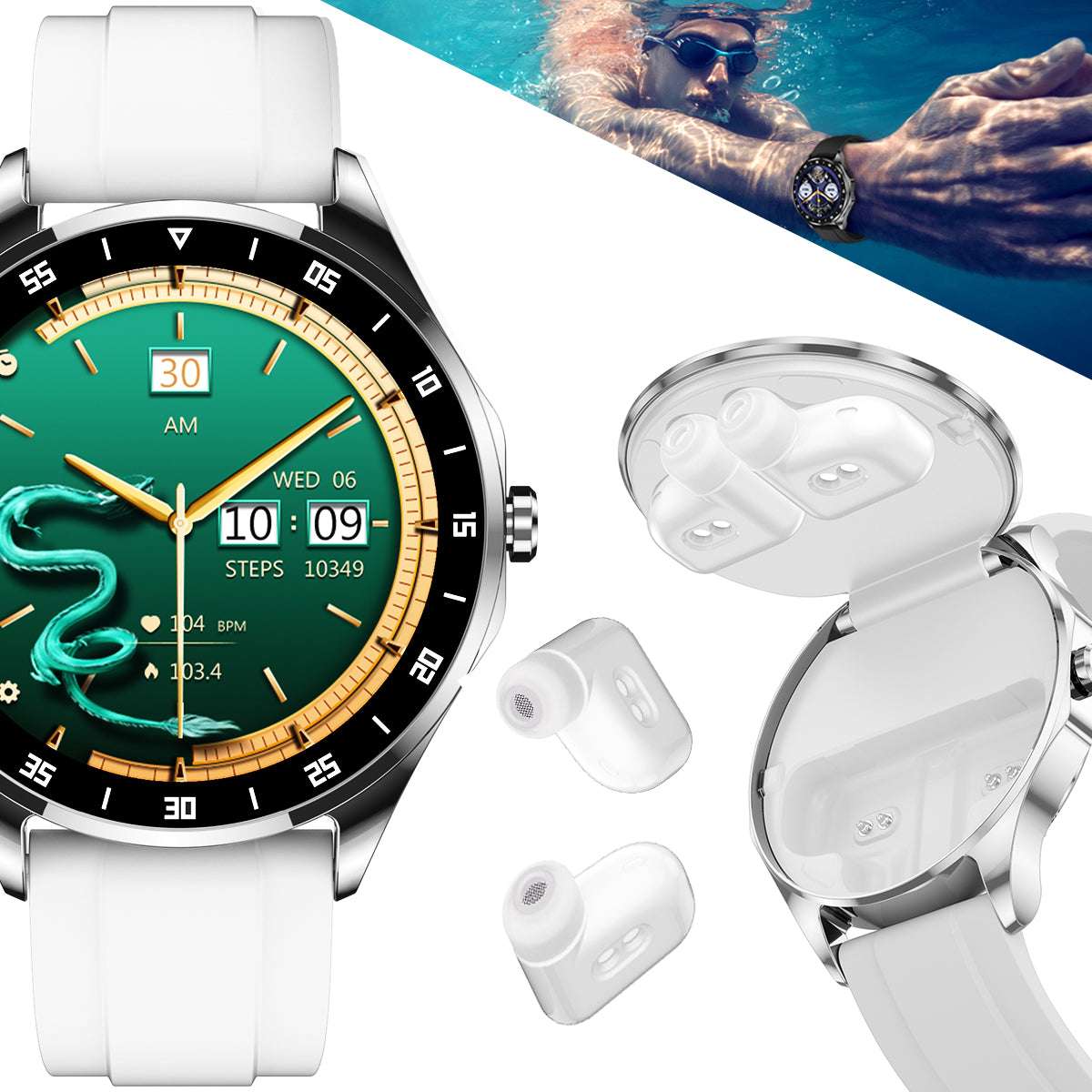 ETERNITY 2-in-1 TWS Smart Watch with Earbuds – AMOLED Display, Bluetooth, Heart Rate, Blood Pressure & SpO2 Monitor, IP67 - F