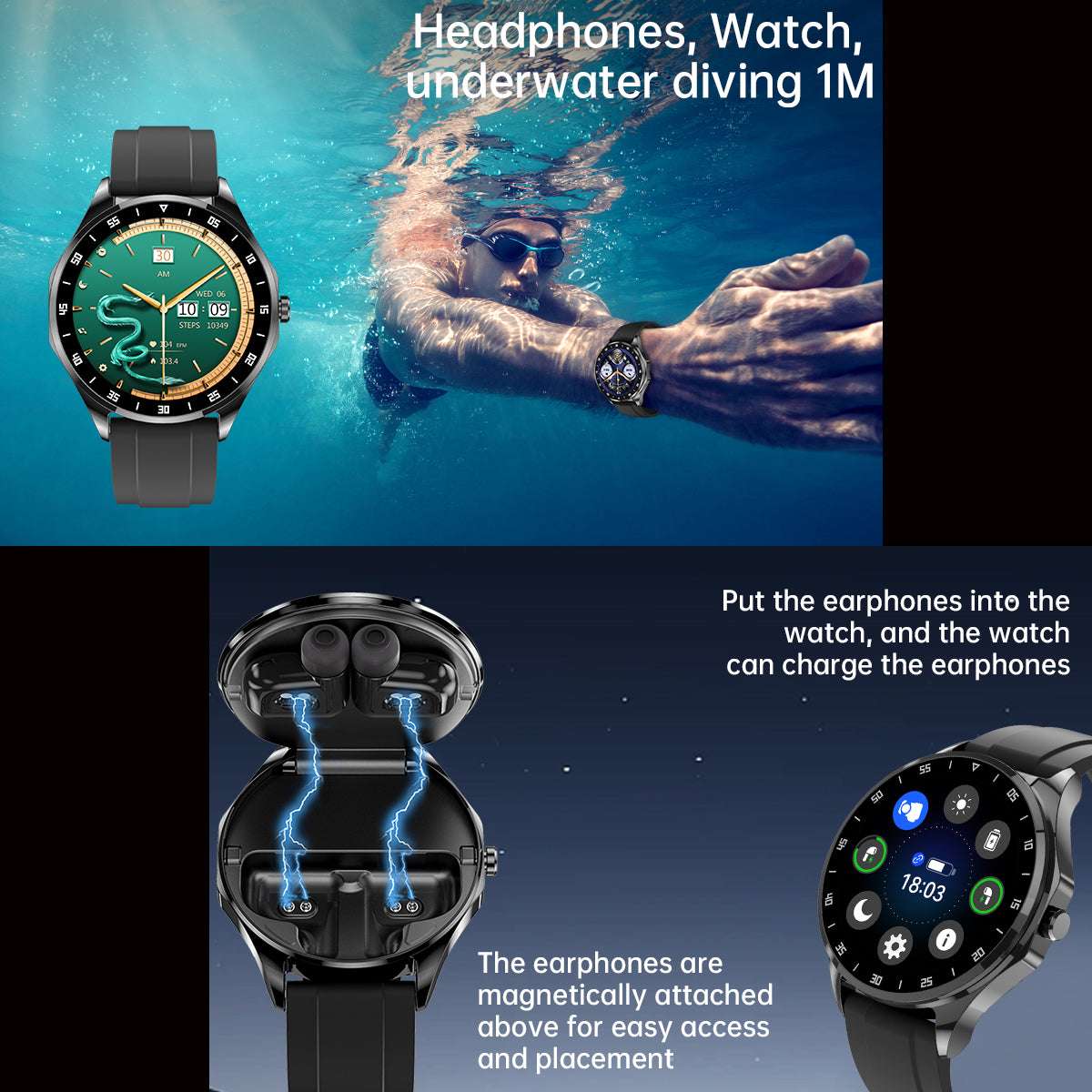 ETERNITY 2-in-1 TWS Smart Watch with Earbuds – AMOLED Display, Bluetooth, Heart Rate, Blood Pressure & SpO2 Monitor, IP67 - F