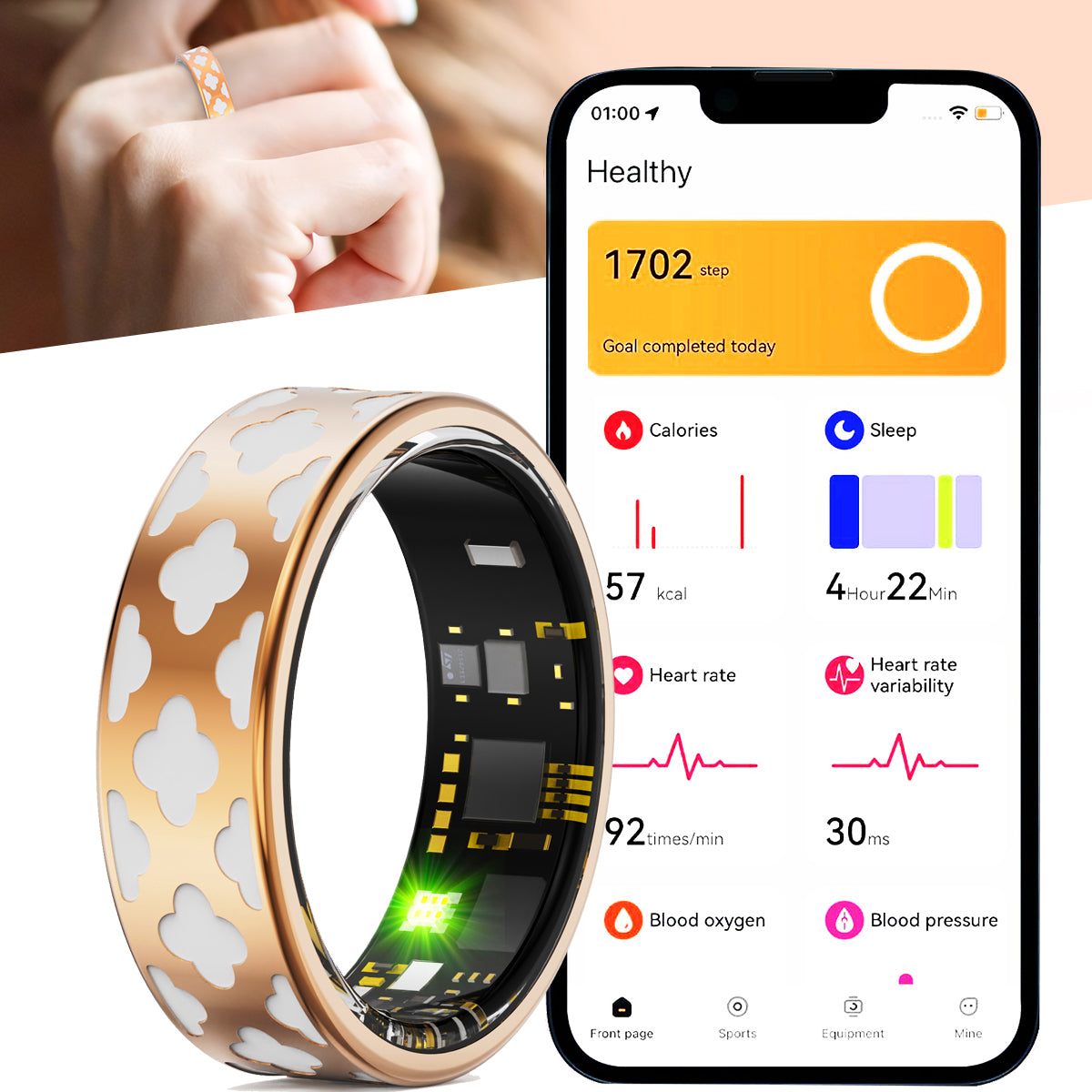 ETERNITY Clover Smart Ring – Clover Motifs, Four-Leaf Design, PPG Monitor, Health, Sleep & Activity Tracking, Fitness Tracker