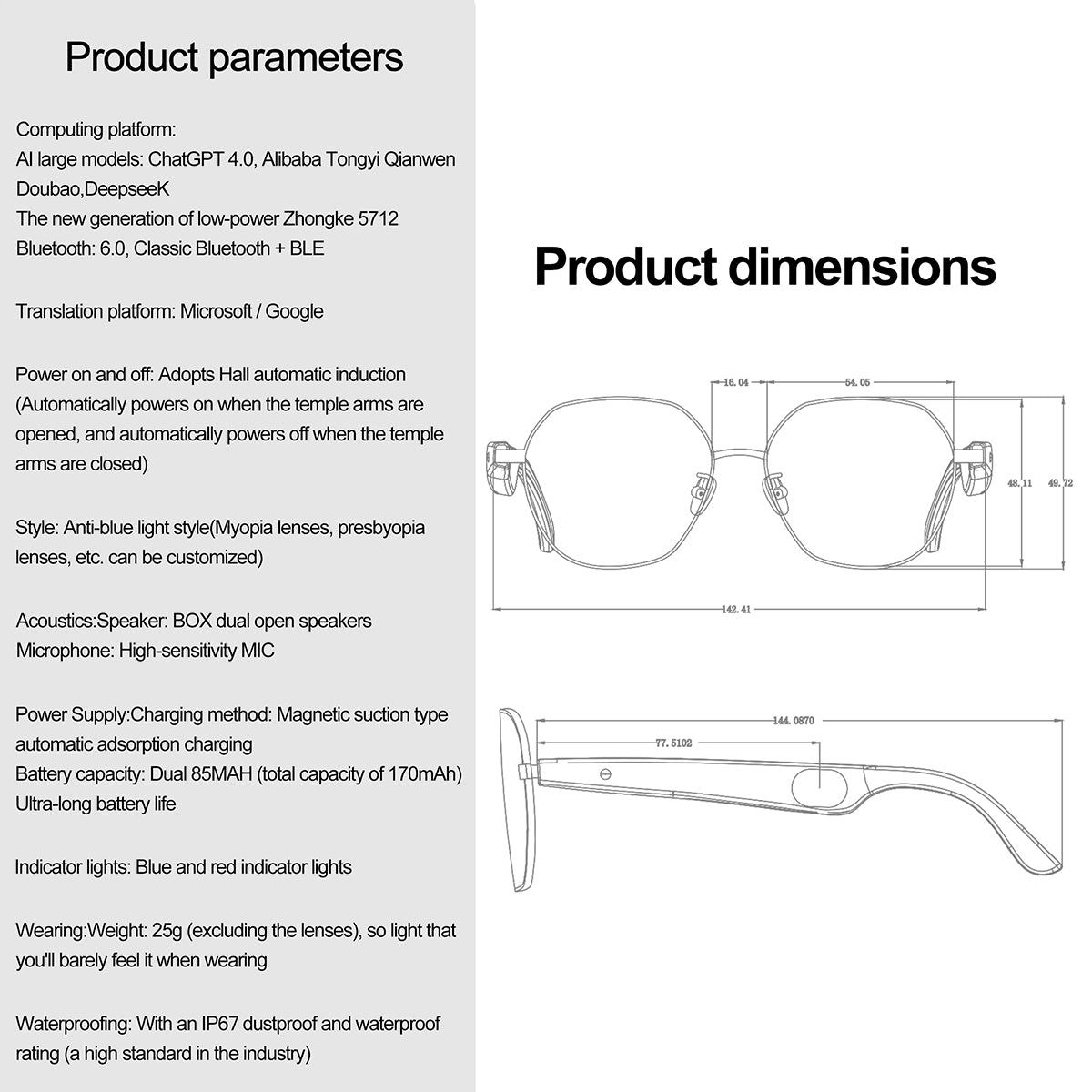 ETERNITY AI Translation Smart Glasses – OLED Display, Real-Time Interpretation in 100+ Languages, Music & Call for Business Use