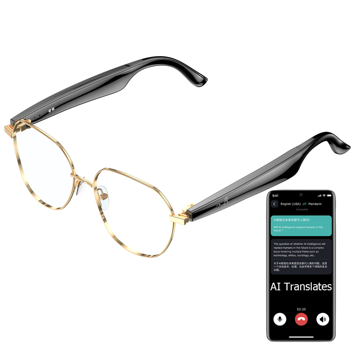 ETERNITY AI Translation Smart Glasses – OLED Display, Real-Time Interpretation in 100+ Languages, Music & Call for Business Use