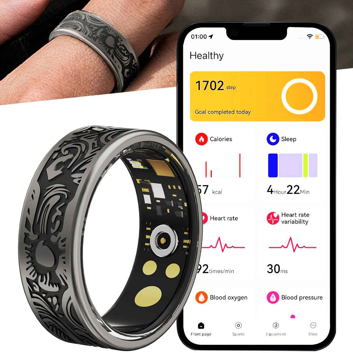 ETERNITY Sun Totem Smart Ring – Artistic Swirls, PPG Monitor, Advanced Health Tracking, Sleep Monitor, Workout & Fitness Tracker