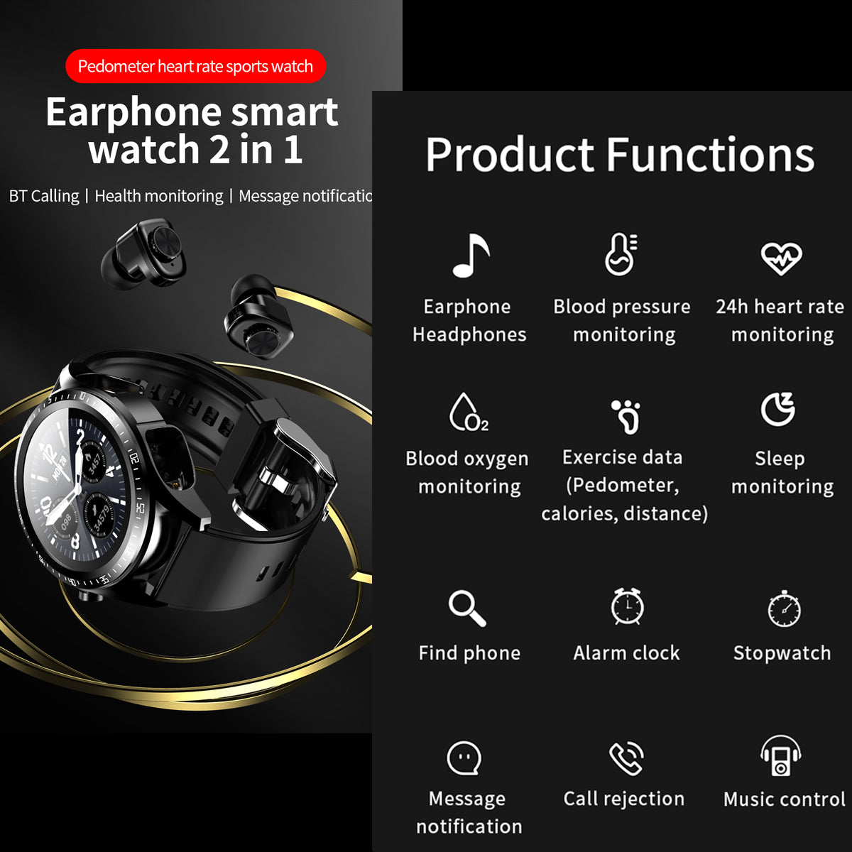 ETERNITY 2-in-1 Smartwatch with TWS Earphones – Heart Rate & Sleep Monitor, Waterproof Sport Watch for Men - Fitness Tracker