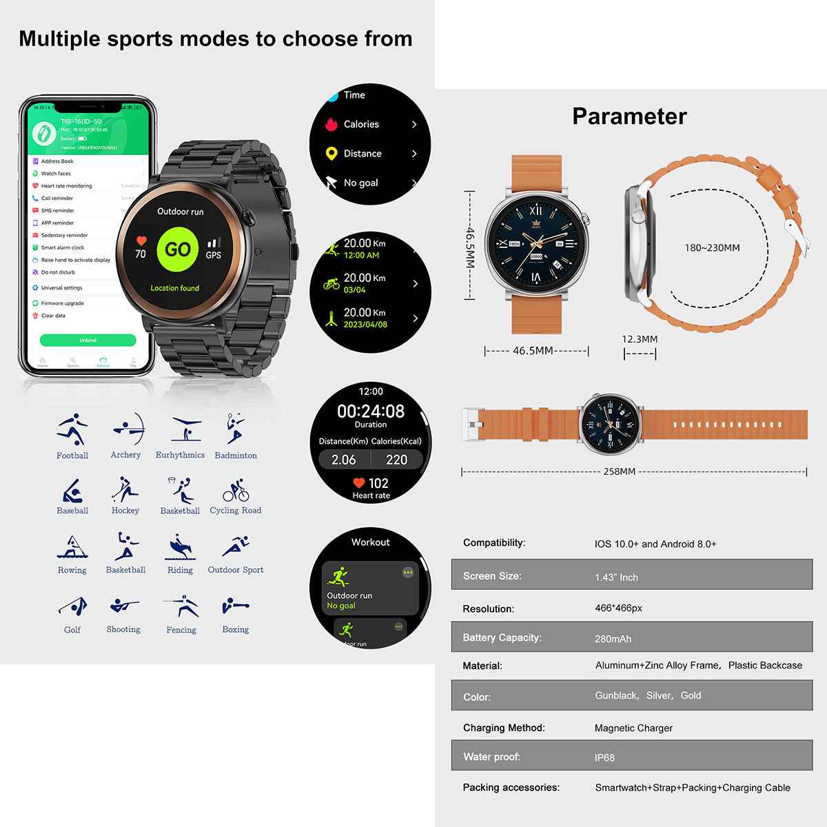 ETERNITY Fitness Smart Watch – 1.43” AMOLED, IP68 Waterproof, Heart Rate Monitor, Wireless Charging & Metal Business Design