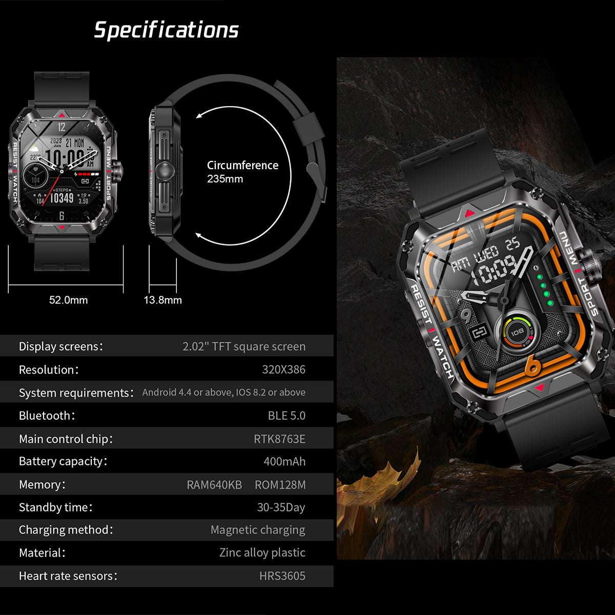 ETERNITY Outdoor Smart Watch – IP67 Waterproof, Heart Rate Monitoring & Fitness Tracker for Men & Women