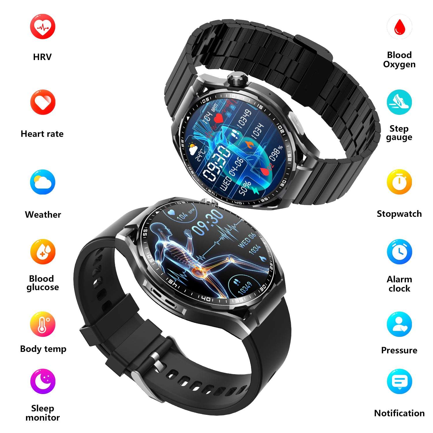 ETERNITY ECG Health Smart Watch – Heart Rate, Blood Oxygen Monitoring, Message & Weather Push, BT Call, Android Compatible -