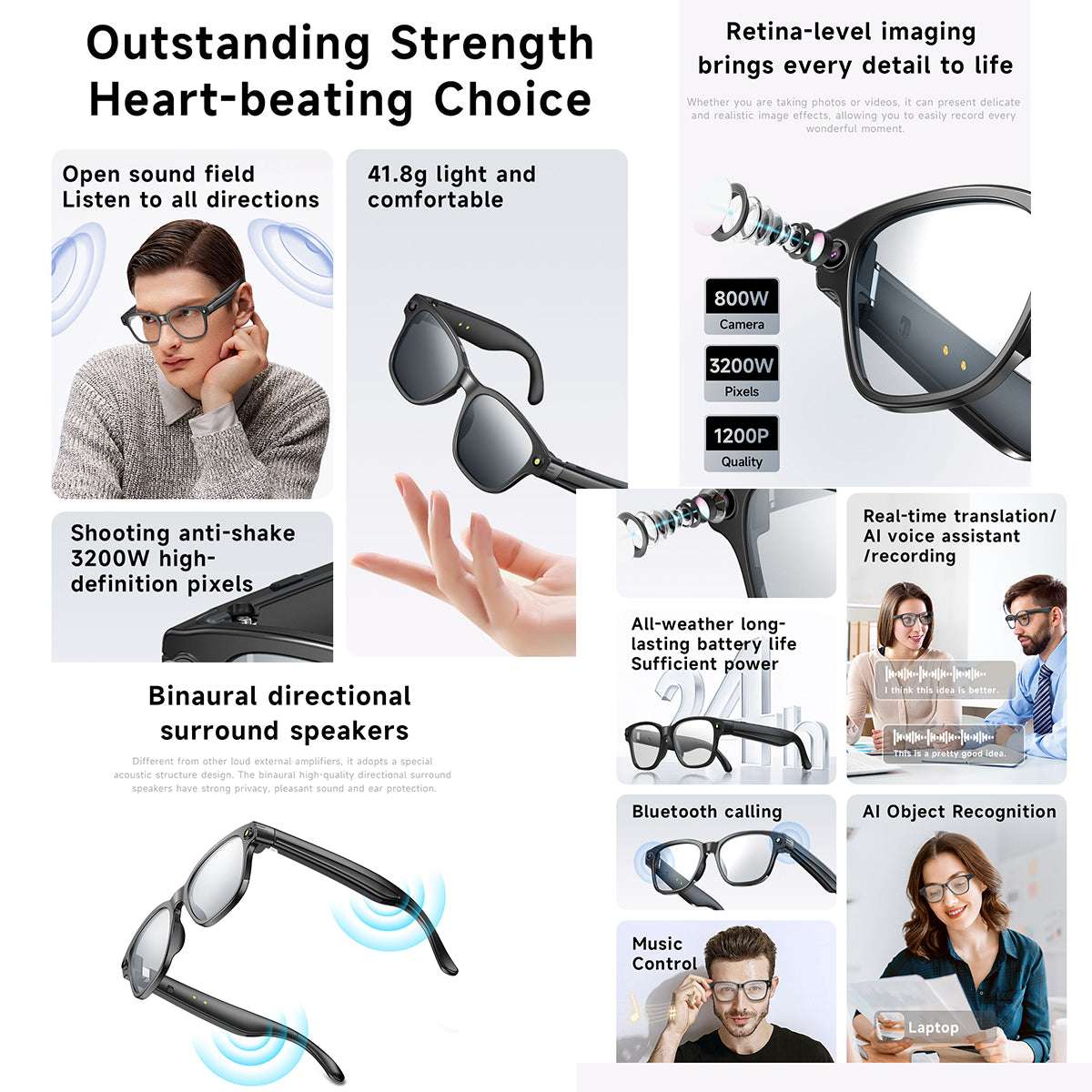 ETERNITY AI Smart Glasses with 1200P Camera – Bluetooth, WiFi, Translation, Dual Mic Noise Reduction & 270mAh Battery