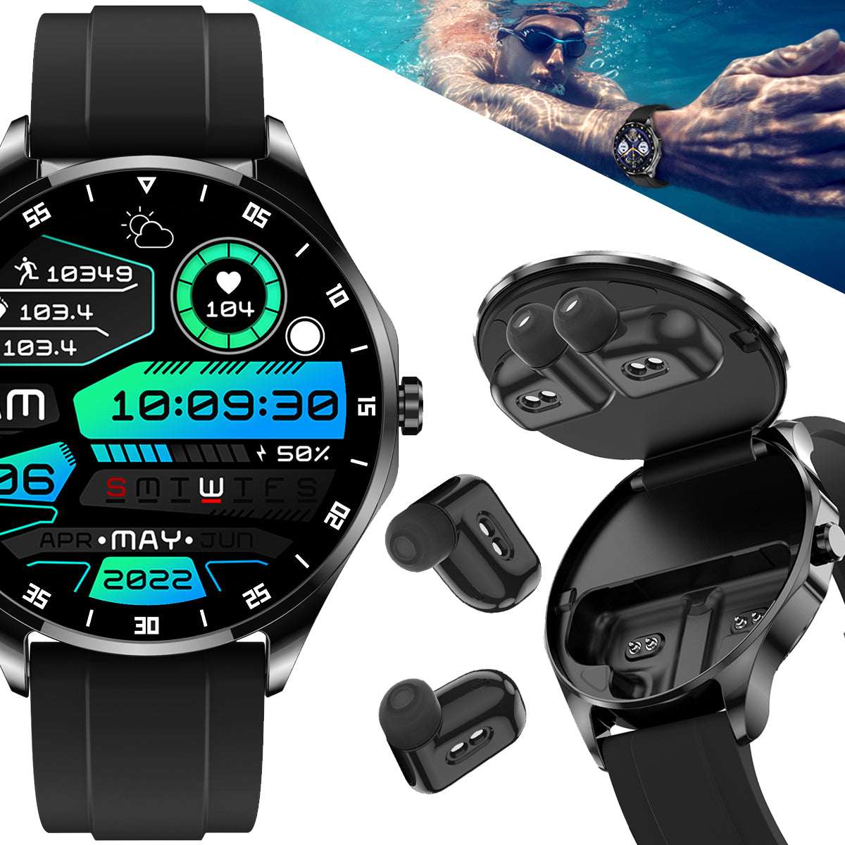 ETERNITY 2-in-1 TWS Smart Watch with Earbuds – AMOLED Display, Bluetooth, Heart Rate, Blood Pressure & SpO2 Monitor, IP67 - F