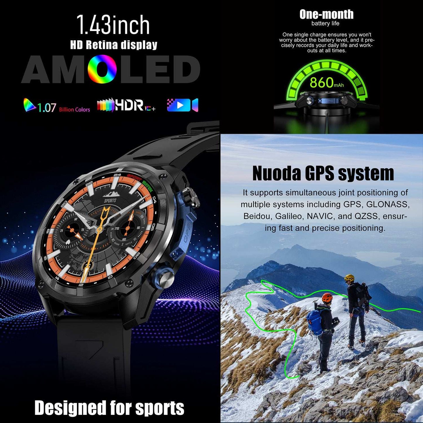 ETERNITY GPS Outdoor Sport Smart Watch – 860mAh Battery, 30-Day Standby, AMOLED Touchscreen, iOS & Android Compatible