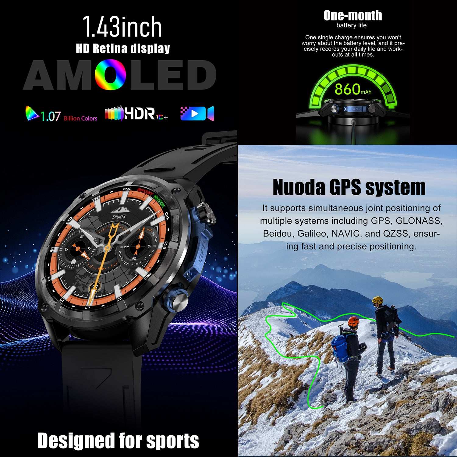 ETERNITY GPS Outdoor Sport Smart Watch – 860mAh Battery, 30-Day Standby, AMOLED Touchscreen, iOS & Android Compatible - Fitne