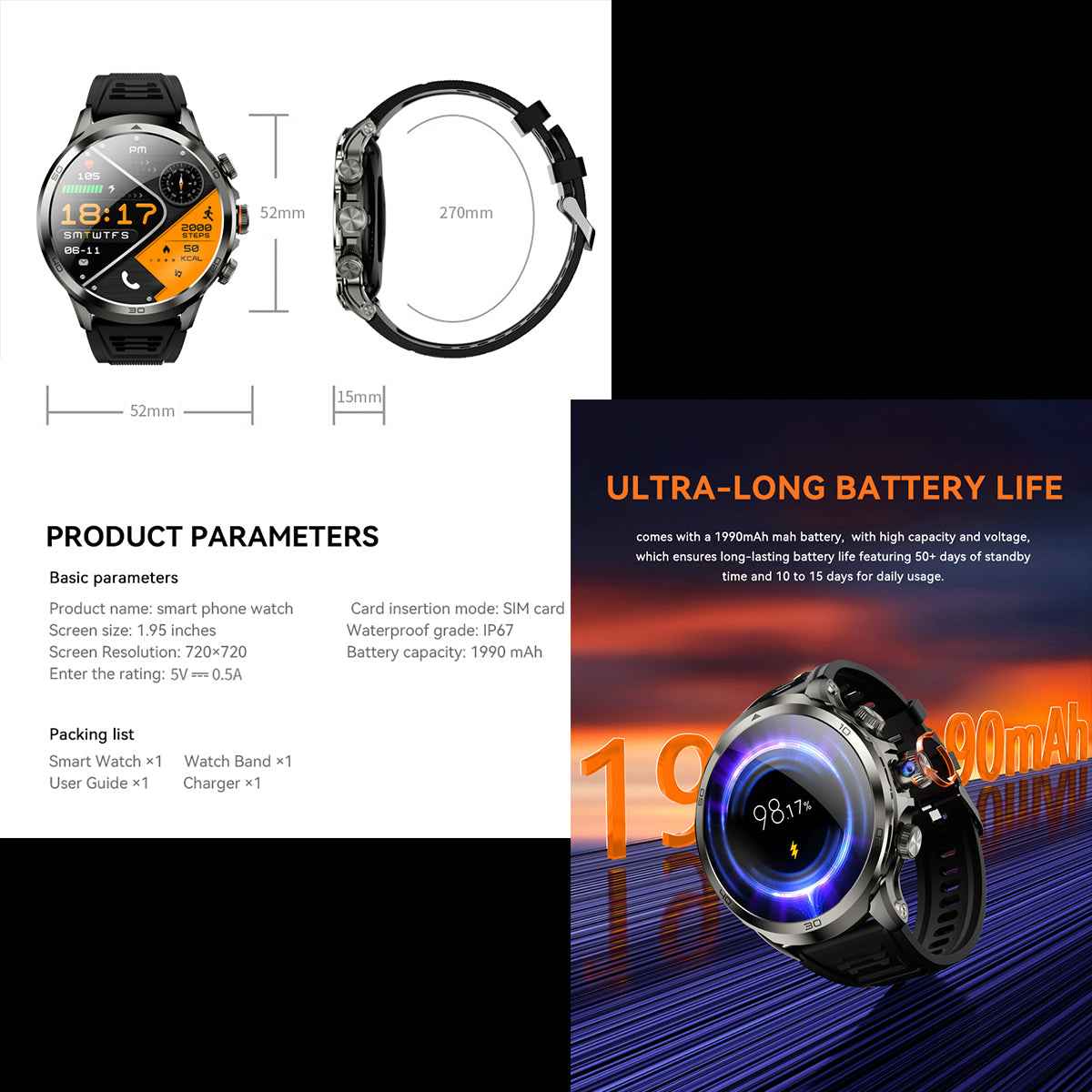 ETERNITY 4G LTE Cellular Smart Watch with SIM Card & HD Camera –GPS, 1.75” AMOLED, 3+32GB, Heart Rate, SpO₂ & NFC - Fitness T