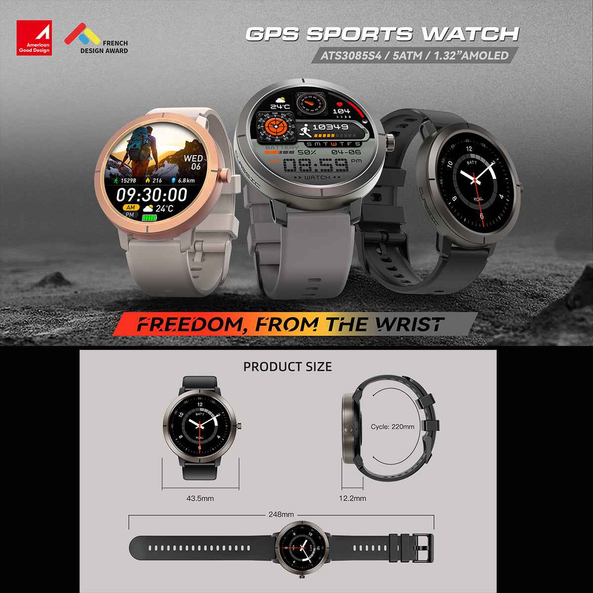 ETERNITY GPS Smart Watch – 1.43” AMOLED, 500mAh Battery, Compass, Altitude & 5ATM Waterproof Sport Watch for Men - Fitness Tr