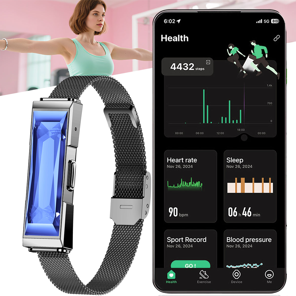 ETERNITY Screenless Fitness Tracker Bracelet – 170 Workout Modes, Couple Interaction, 24H Heart Rate, SpO₂ & Blood Pressure Monitoring