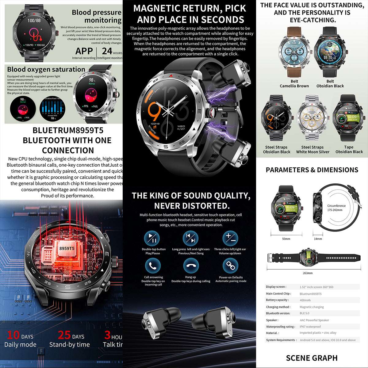 ETERNITY Round 2-in-1 TWS Smart Watch T95 – 1.52” IPS Outdoor Call & Music Sport Watch with Earbuds