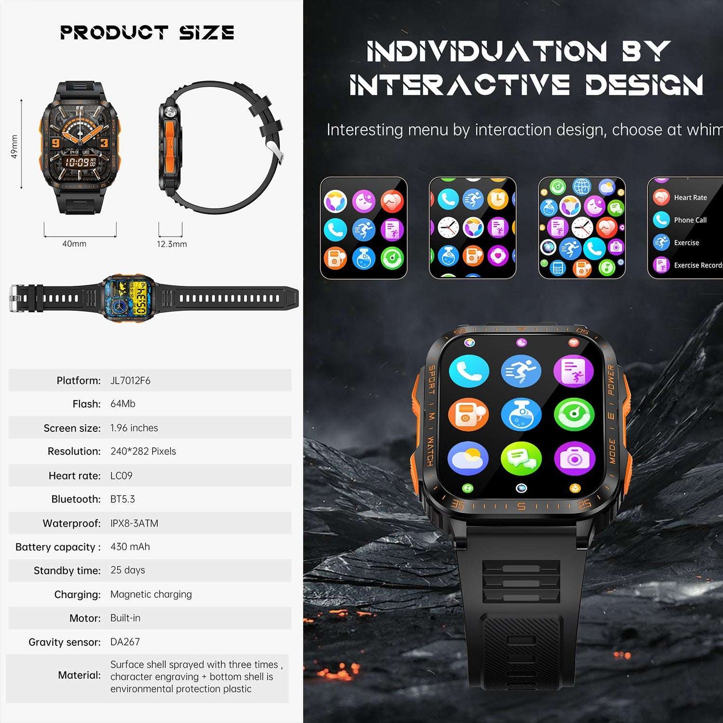 ETERNITY Outdoor Smart Watch with Flashlight & UV Lamp – 1.96” HD Screen, Heart Rate & SpO₂ Monitor, IPX8 Waterproof, 25-Day Standby