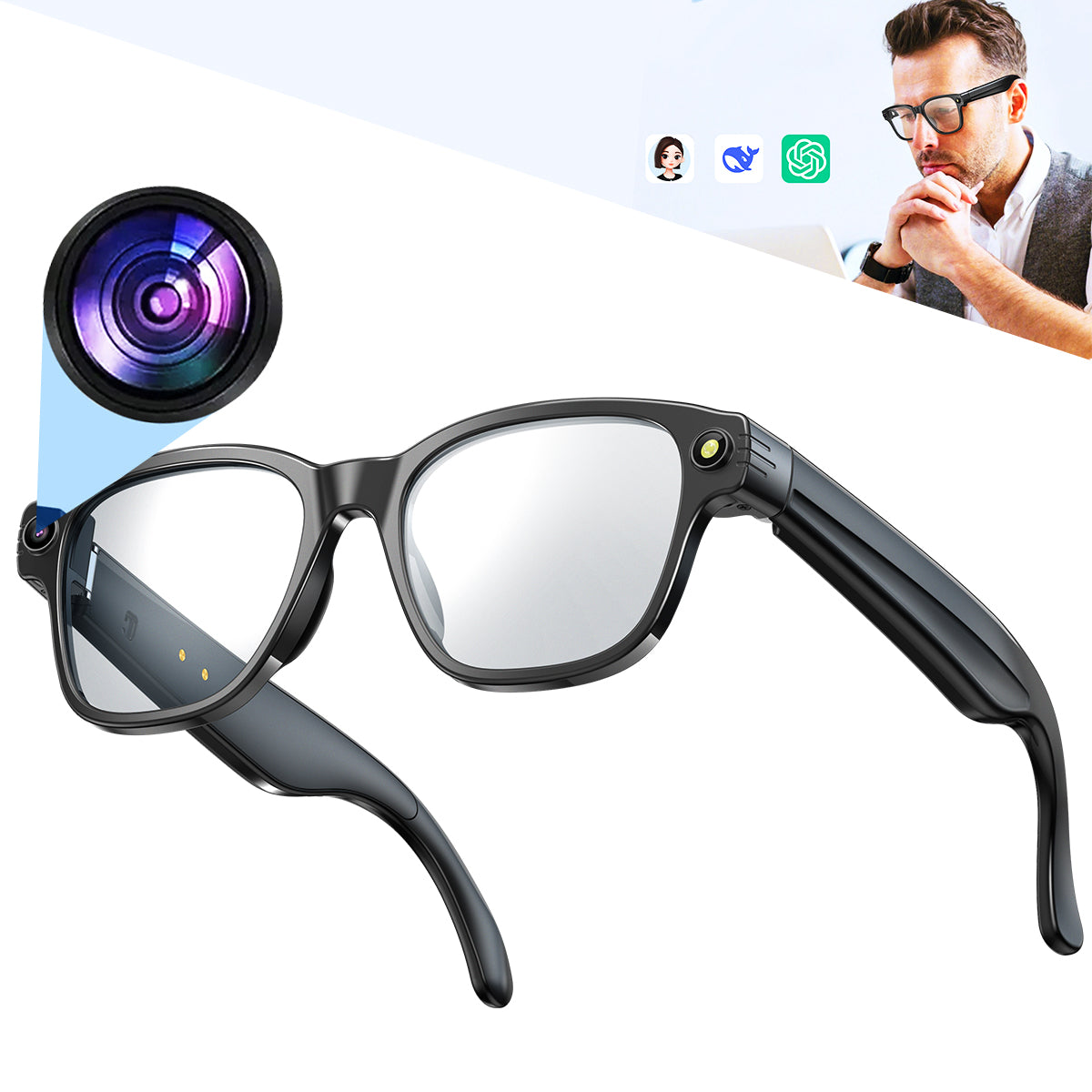 ETERNITY AI Smart Glasses with 1200P Camera – Bluetooth, WiFi, Translation, Dual Mic Noise Reduction & 270mAh Battery