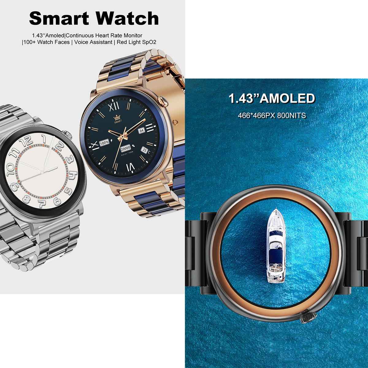 ETERNITY Fitness Smart Watch – 1.43” AMOLED, IP68 Waterproof, Heart Rate Monitor, Wireless Charging & Metal Business Design
