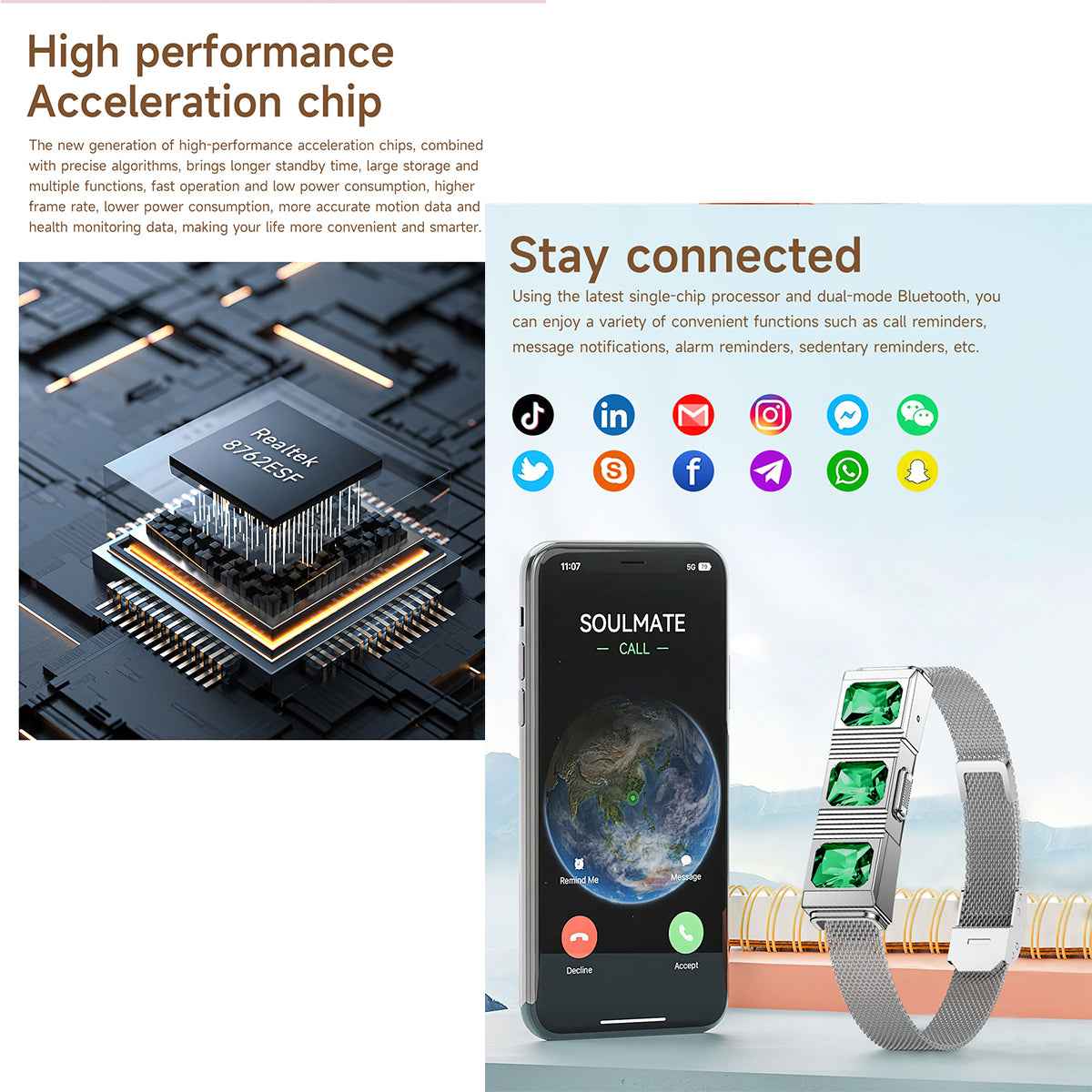 ETERNITY Smart Jewerly Fitness Tracker Bracelet – No Screen, 170 Workouts, Long Battery, Health Monitor - Fitness Tracker Chi