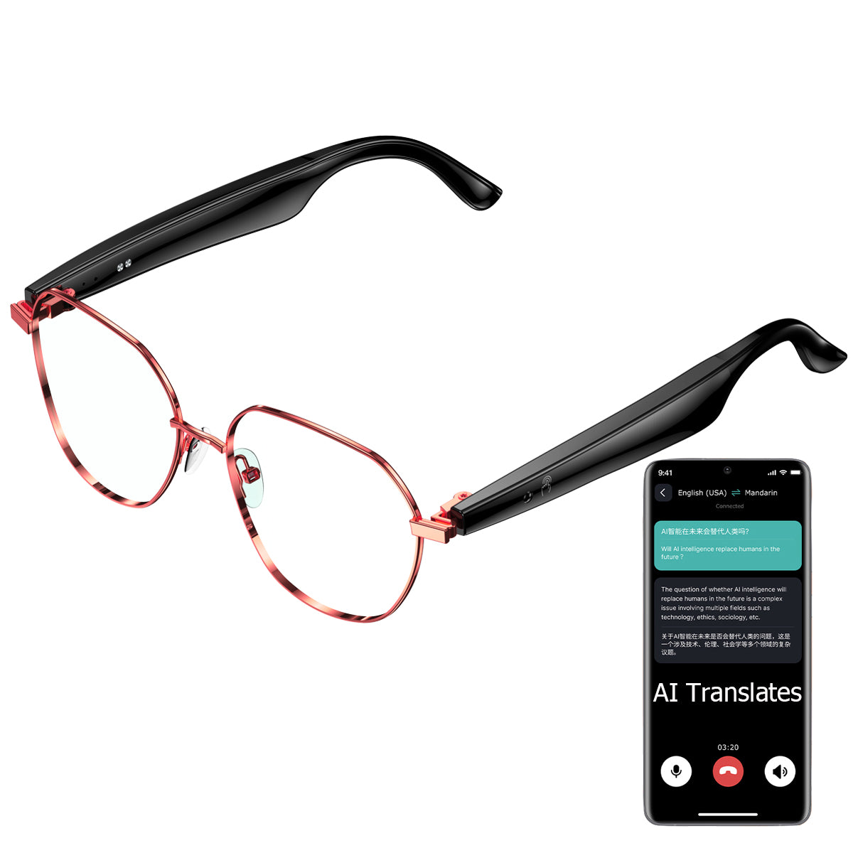 ETERNITY AI Translation Smart Glasses – OLED Display, Real-Time Interpretation in 100+ Languages, Music & Call for Business Use