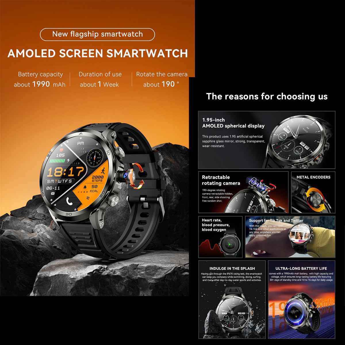 ETERNITY 4G LTE Cellular Smart Watch with SIM Card & HD Camera –GPS, 1.75” AMOLED, 3+32GB, Heart Rate, SpO₂ & NFC - Fitness T