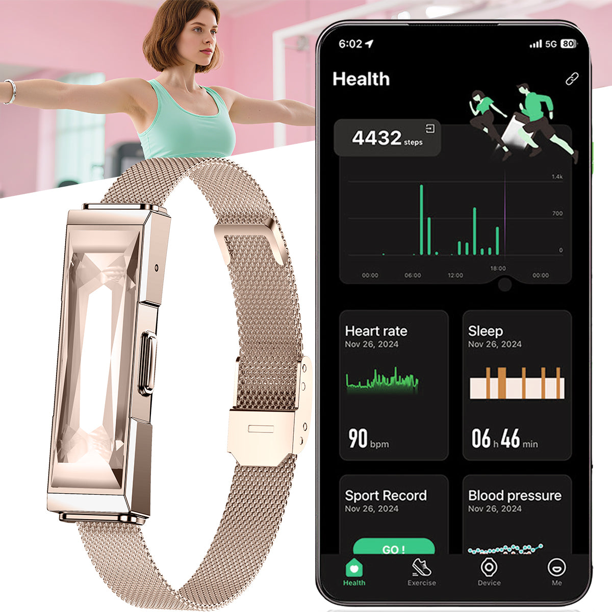 ETERNITY Screenless Fitness Tracker Bracelet – 170 Workout Modes, Couple Interaction, 24H Heart Rate, SpO₂ & Blood Pressure Monitoring