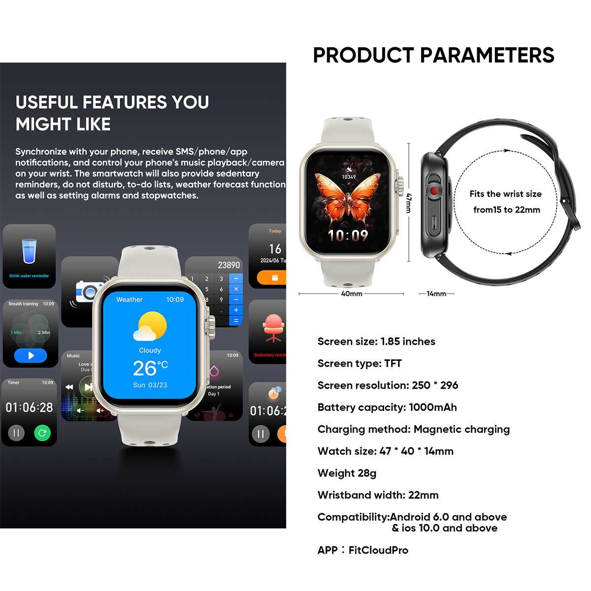 ETERNITY Smart Band – 1000mAh Battery, 1.83” Display, Heart Rate & SpO₂ Monitor, Sleep Tracking & Bluetooth Music - Fitness T