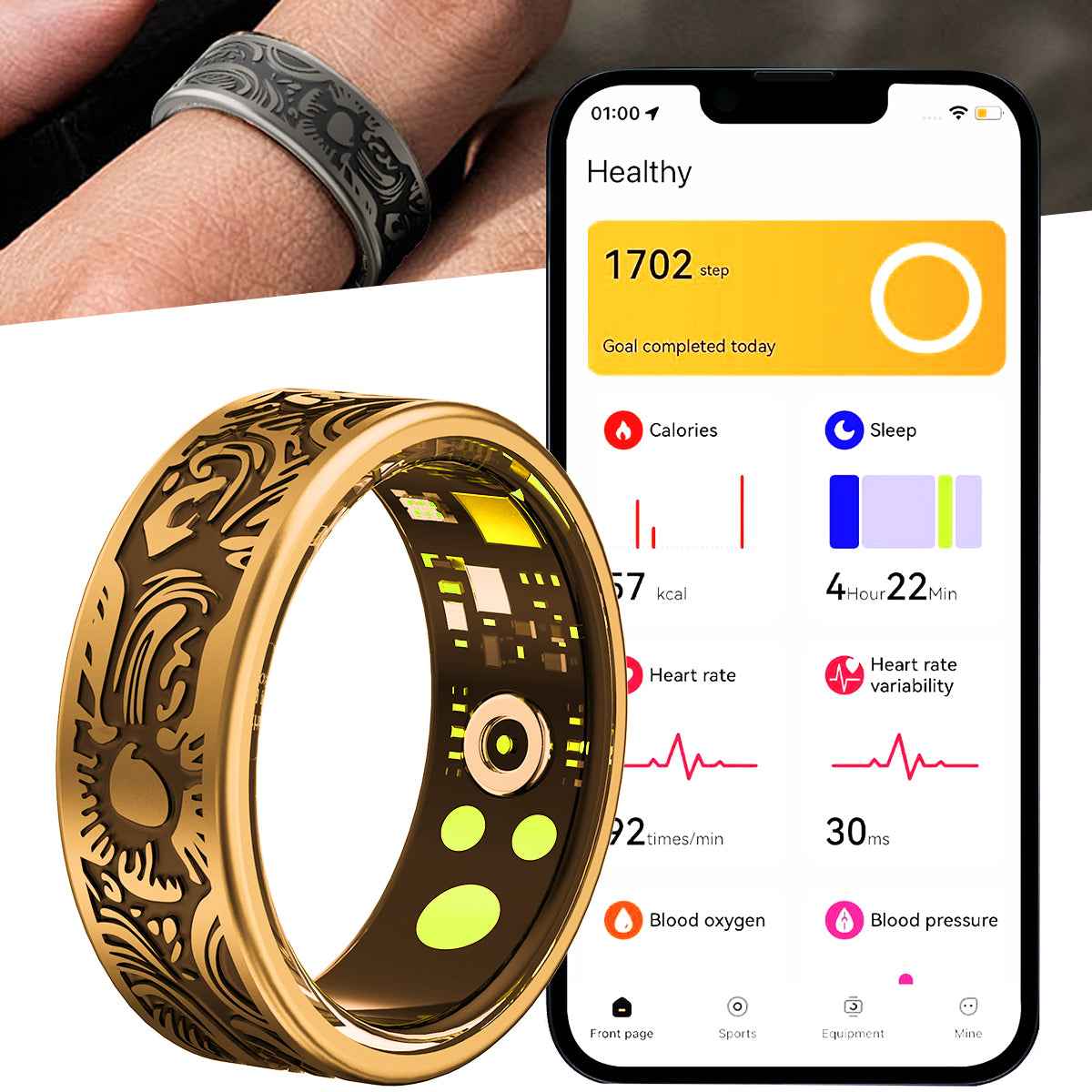ETERNITY Sun Totem Smart Ring – Artistic Swirls, PPG Monitor, Advanced Health Tracking, Sleep Monitor, Workout & Fitness Tracker