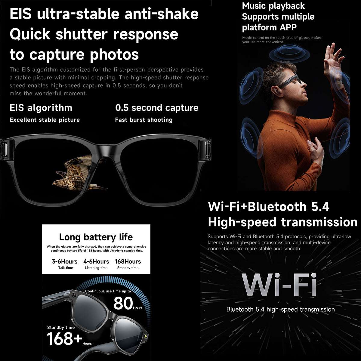 ETERNITY AI Smart Glasses with 1200P Camera – Bluetooth, WiFi, Translation, Dual Mic Noise Reduction & 270mAh Battery