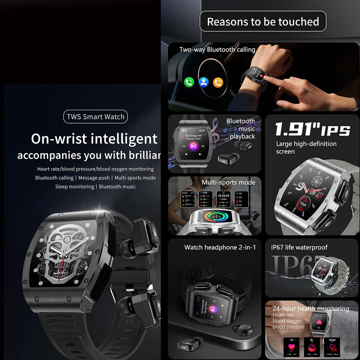 ETERNITY 2-in-1 TWS Earbuds Smart Watch – 1.91” Display, Blood Oxygen & IP67 Waterproof Sports Watch for Men