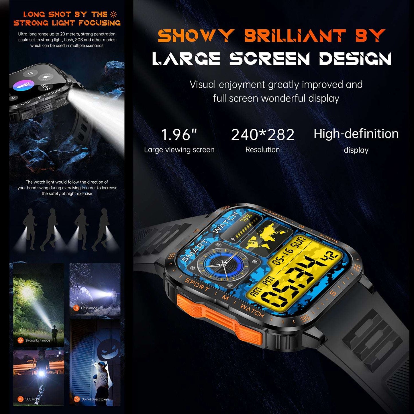 ETERNITY Outdoor Smart Watch with Flashlight & UV Lamp – 1.96” HD Screen, Heart Rate & SpO₂ Monitor, IPX8 Waterproof, 25-Day Standby