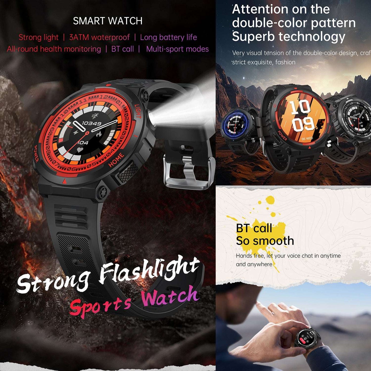 ETERNITY Outdoor Smart Watch with Flashlight – 3ATM Waterproof, Blood Pressure Monitor & AI Voice Assistant