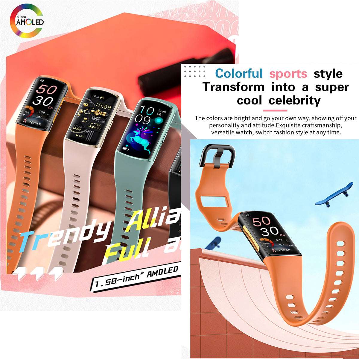 ETERNITY Sports AMOLED Fitbit Smart Band – 1.58” Display, BT Call, Heart Rate Monitor & IP67 Waterproof - Fitness Tracker Chi