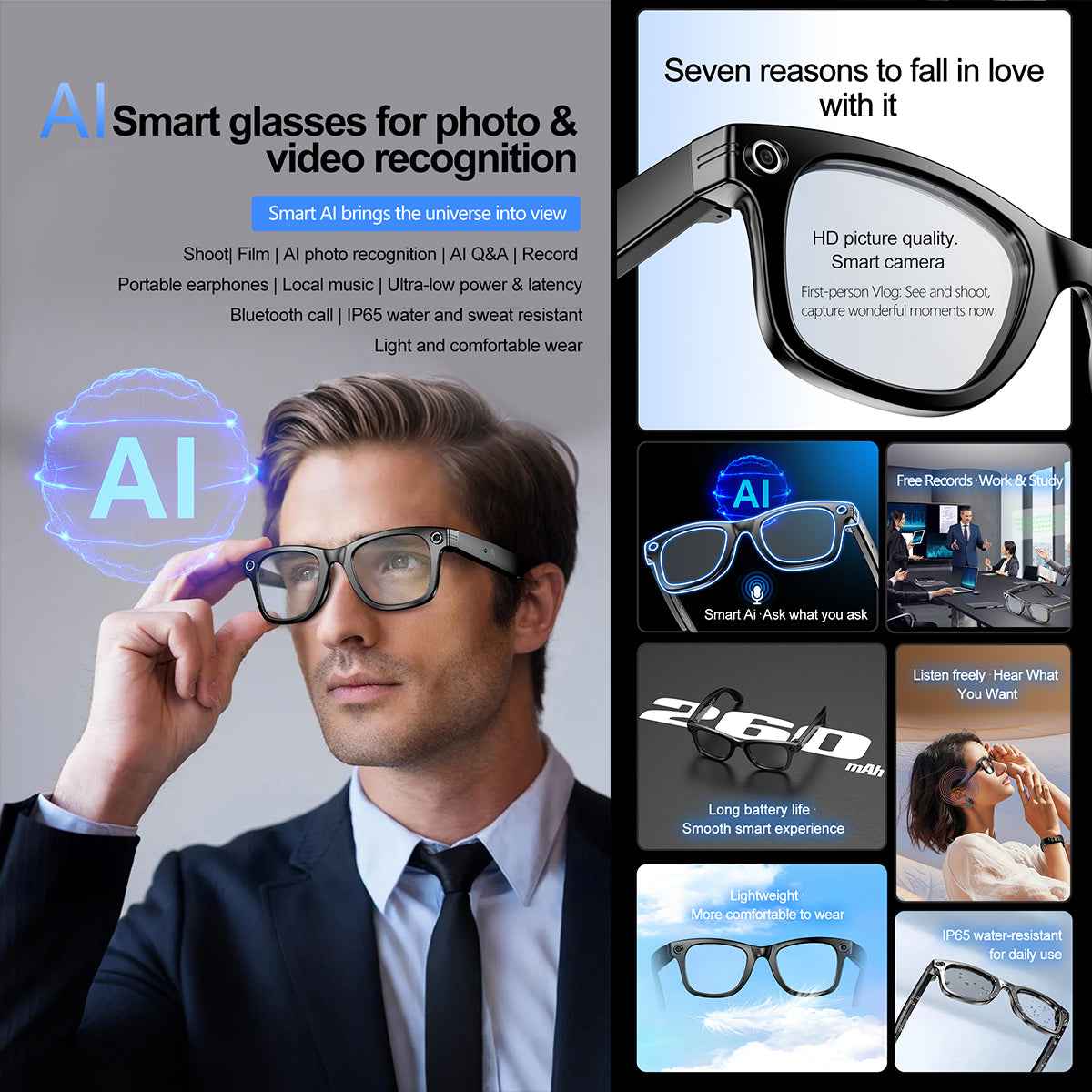 ETERNITY Smart Glasses with AI Recognition – 1080P HD Camera, IP65 Waterproof, Bluetooth Music & ChatGPT Assistant (Copy)