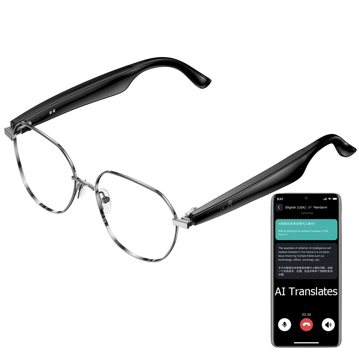 ETERNITY AI Translation Smart Glasses – OLED Display, Real-Time Interpretation in 100+ Languages, Music & Call for Business Use
