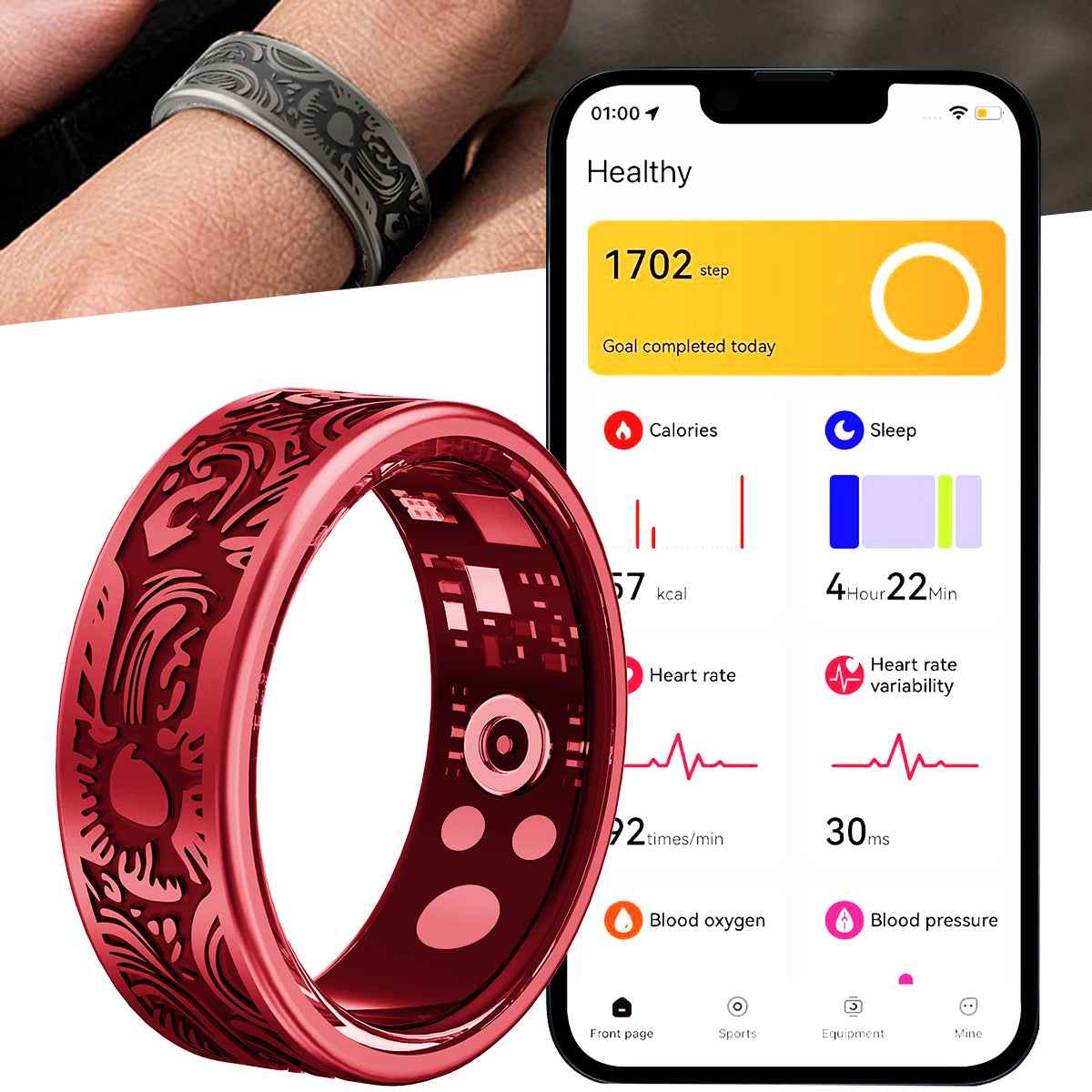 ETERNITY Sun Totem Smart Ring – Artistic Swirls, PPG Monitor, Advanced Health Tracking, Sleep Monitor, Workout & Fitness Tracker