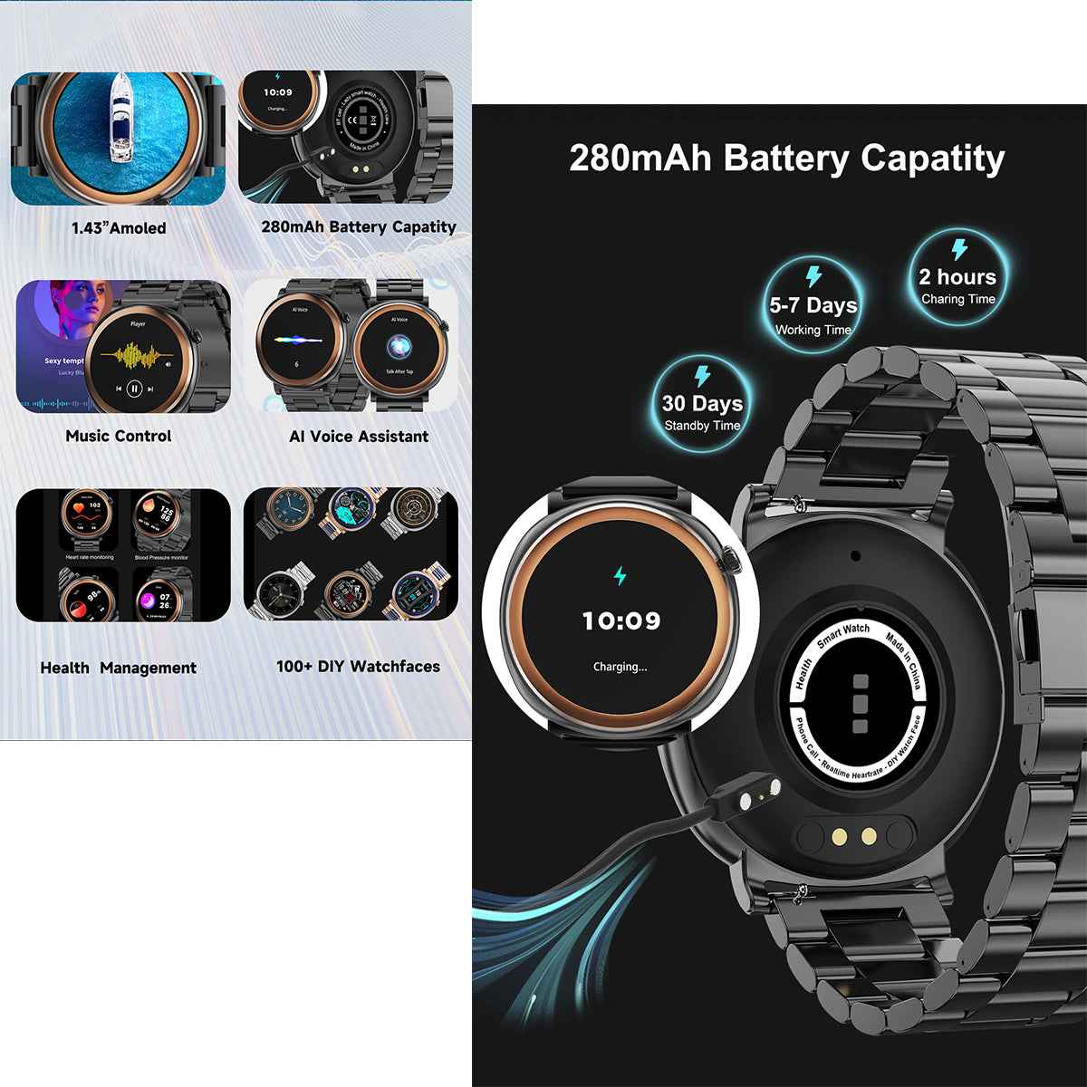 ETERNITY Fitness Smart Watch – 1.43” AMOLED, IP68 Waterproof, Heart Rate Monitor, Wireless Charging & Metal Business Design