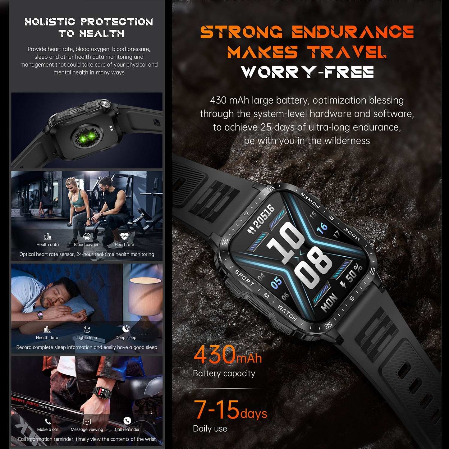 ETERNITY Outdoor Smart Watch with Flashlight & UV Lamp – 1.96” HD Screen, Heart Rate & SpO₂ Monitor, IPX8 Waterproof, 25-Day Standby