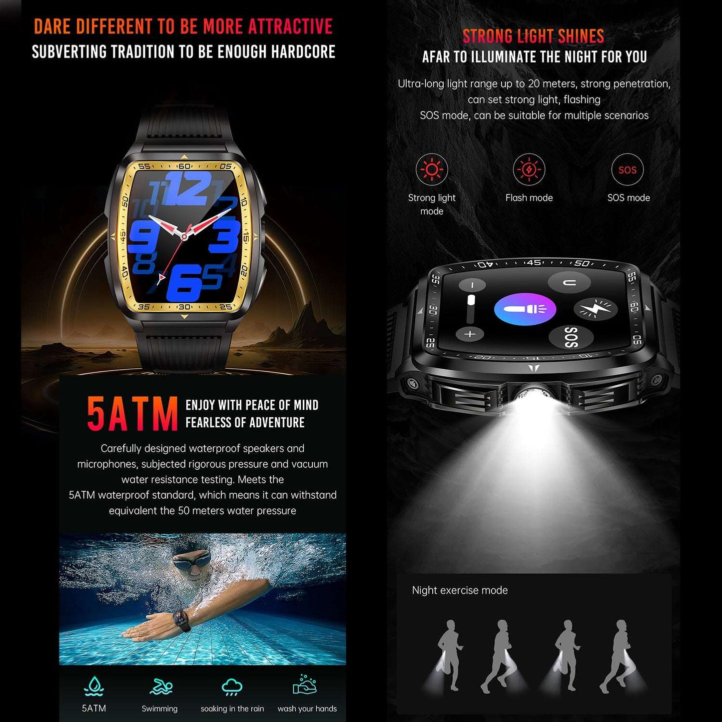 ETERNITY Outdoor Sport Smart Watch – 5ATM Waterproof, Flashlight, Heart Rate & Blood Pressure Fitness Tracker