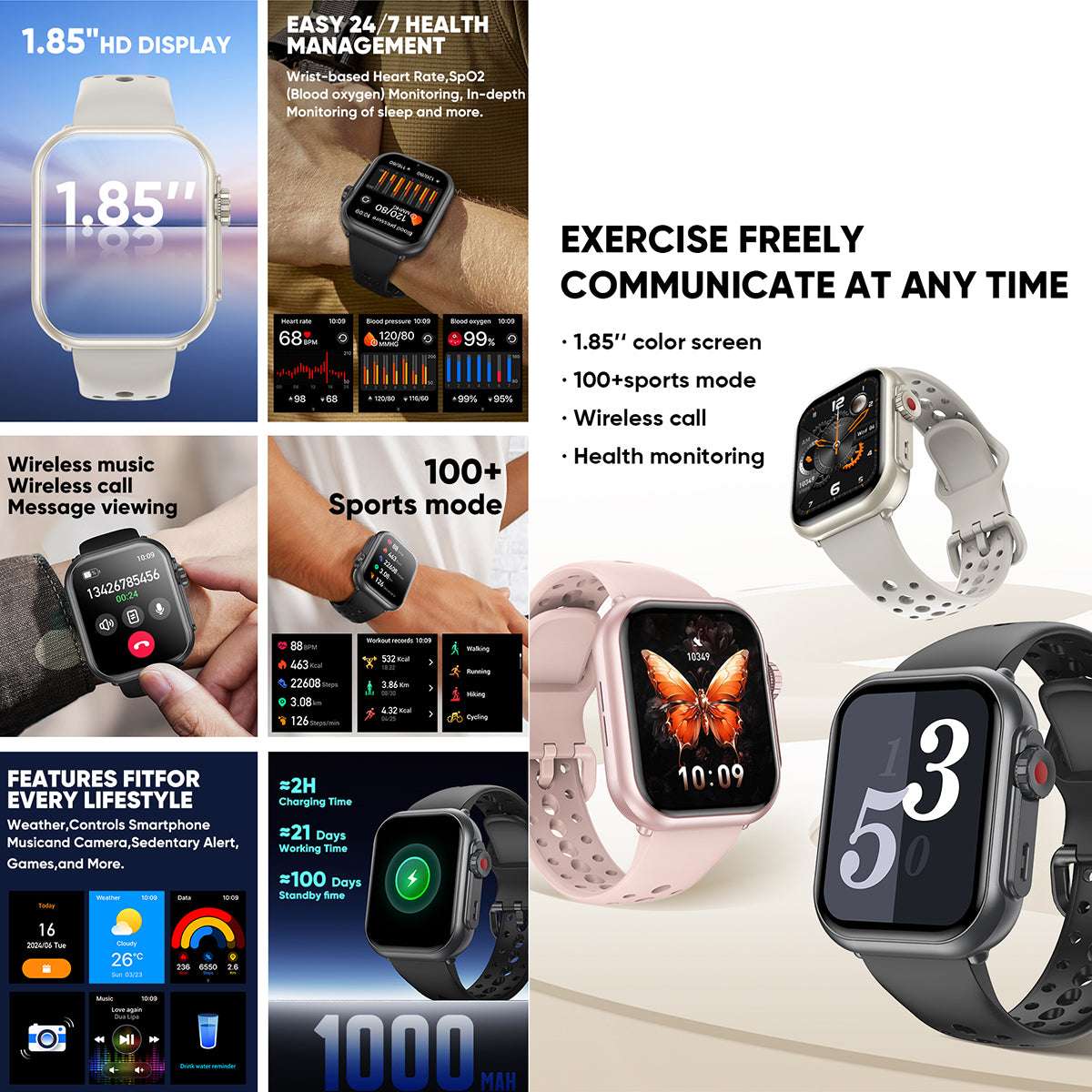 ETERNITY Smart Band – 1000mAh Battery, 1.83” Display, Heart Rate & SpO₂ Monitor, Sleep Tracking & Bluetooth Music - Fitness T