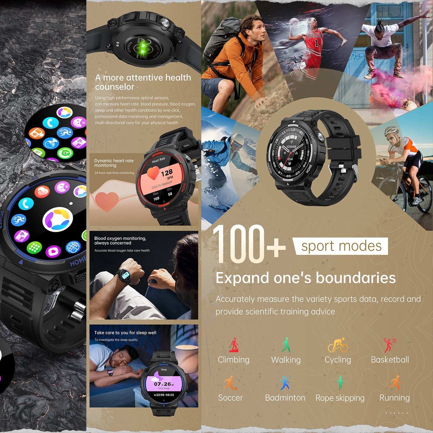 ETERNITY Outdoor Smart Watch with Flashlight – 3ATM Waterproof, Blood Pressure Monitor & AI Voice Assistant