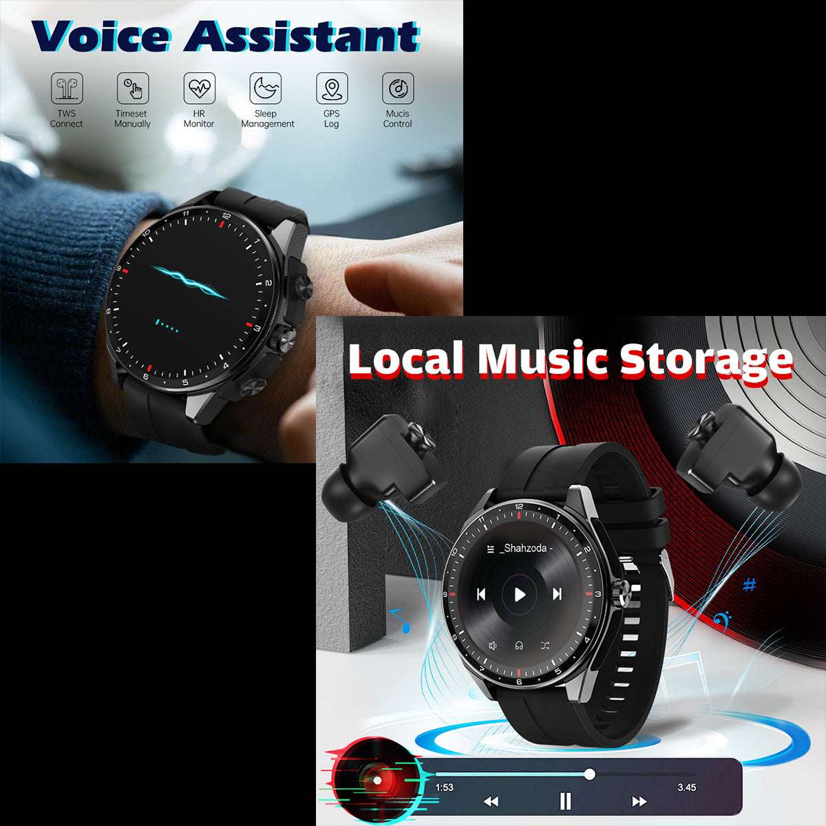 ETERNITY Smart Watch with Wireless Earbuds – 18mAh Earphone Battery, 4H Music Playback & Voice Assistant