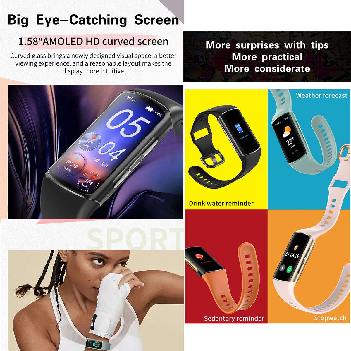 ETERNITY Sports AMOLED Fitbit Smart Band – 1.58” Display, BT Call, Heart Rate Monitor & IP67 Waterproof - Fitness Tracker Chi