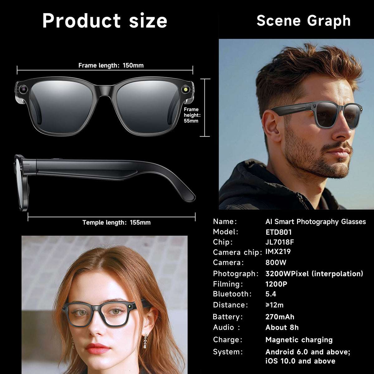 ETERNITY AI Smart Glasses with 1200P Camera – Bluetooth, WiFi, Translation, Dual Mic Noise Reduction & 270mAh Battery