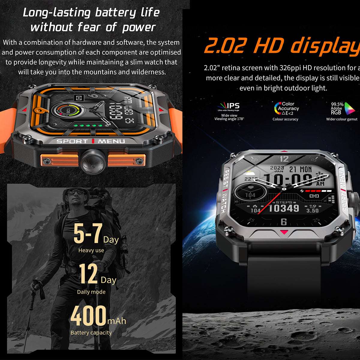 ETERNITY Outdoor Smart Watch – IP67 Waterproof, Heart Rate Monitoring & Fitness Tracker for Men & Women