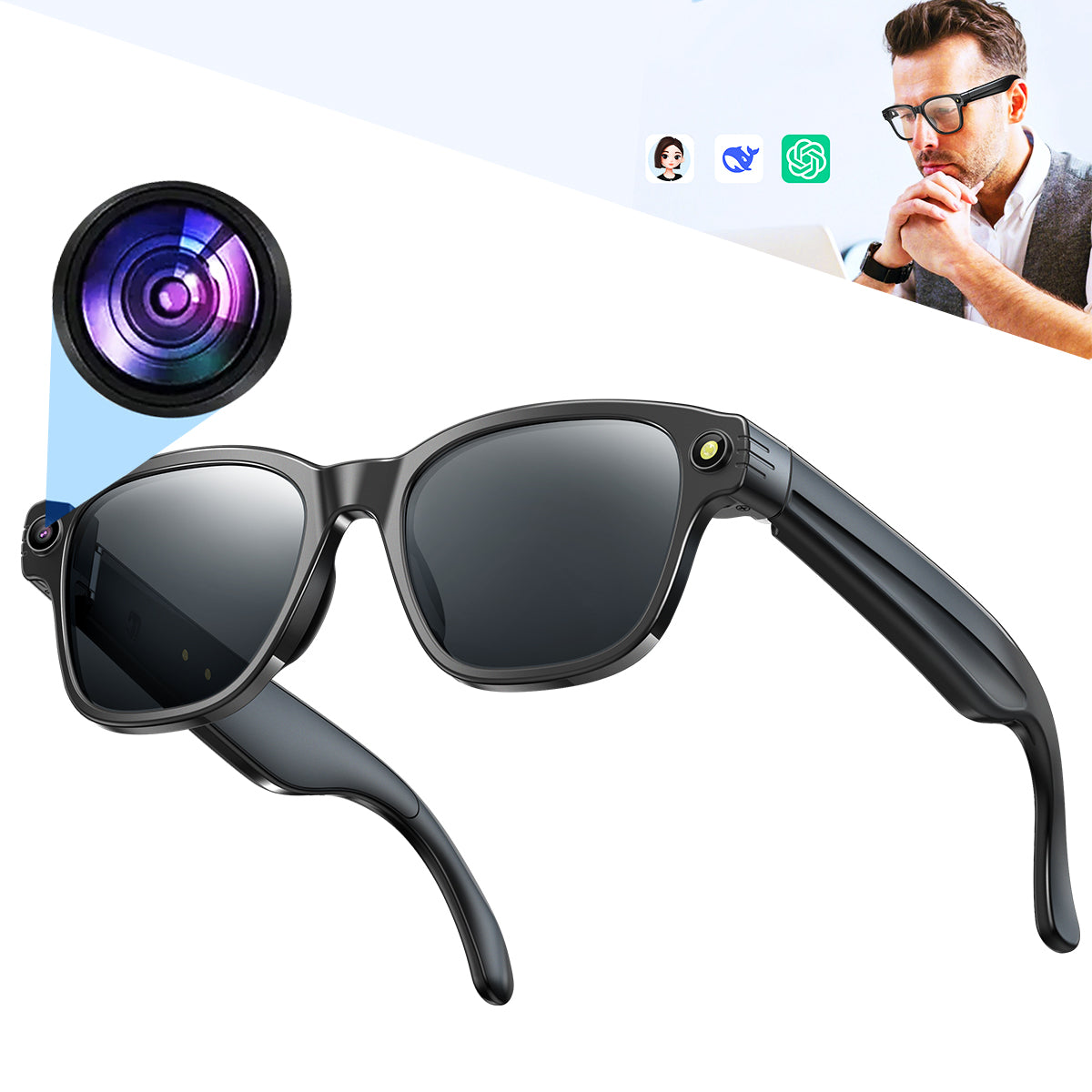 ETERNITY AI Smart Glasses with 1200P Camera – Bluetooth, WiFi, Translation, Dual Mic Noise Reduction & 270mAh Battery