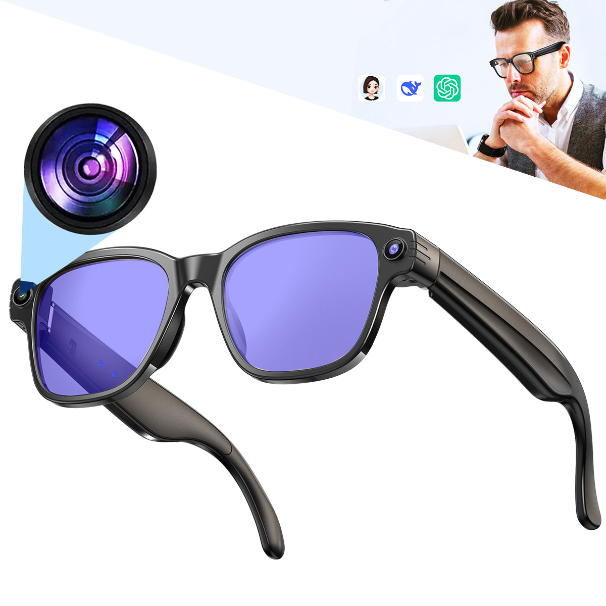 ETERNITY AI Smart Glasses with 1200P Camera – Bluetooth, WiFi, Translation, Dual Mic Noise Reduction & 270mAh Battery