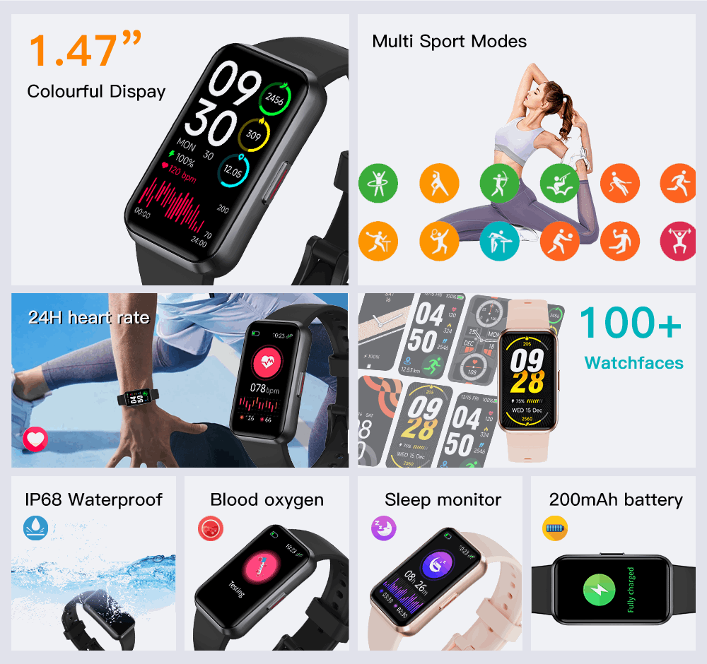 ETERNITY Health Fitness Smart Band – 1.47” Large Screen, Blood Pressure & Sleep Monitor