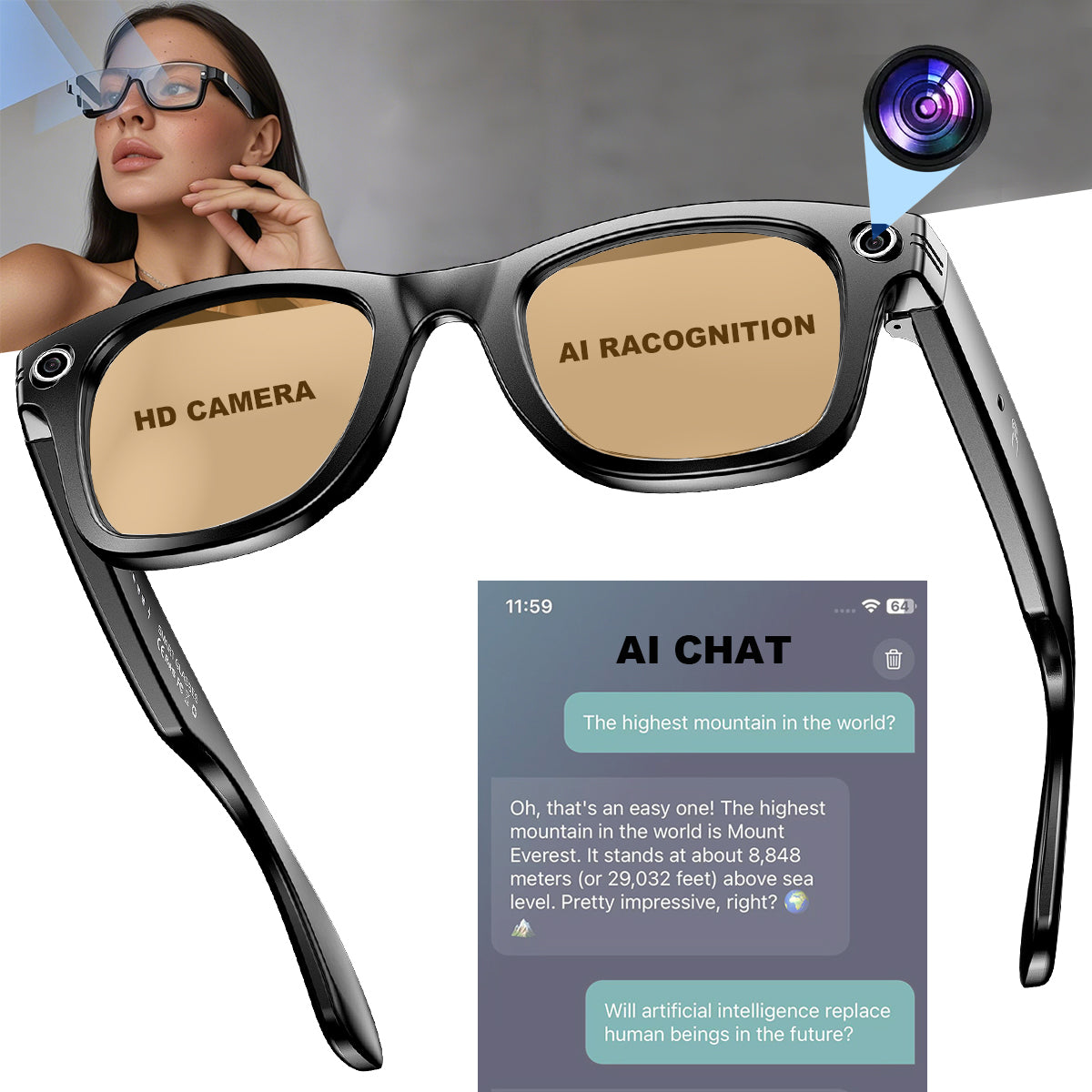 ETERNITY AI Smart Glasses PRO with Built-in Camera – Slide Volume Control, Tap to Click, ENC Dual Mic Noise Reduction & Anti-Interference